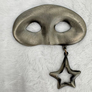 Masquerade Mask Brooch Pin Metal with Dangling Star Stamped Mystique Costume